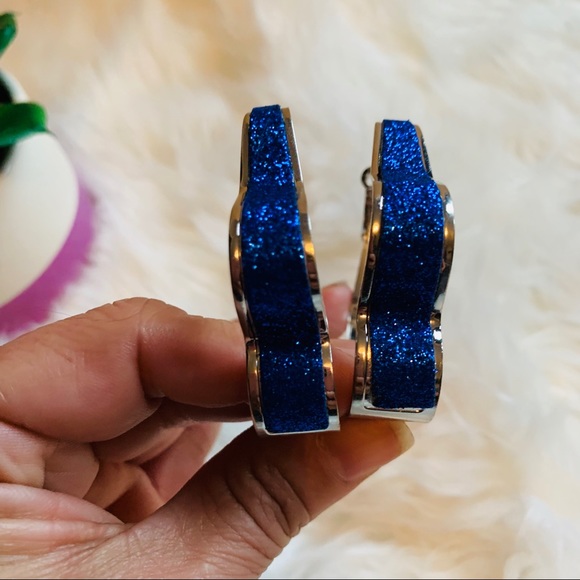 NEW Boutique Blue Mia Glitter Silver Hoop Earrings - Picture 4 of 7